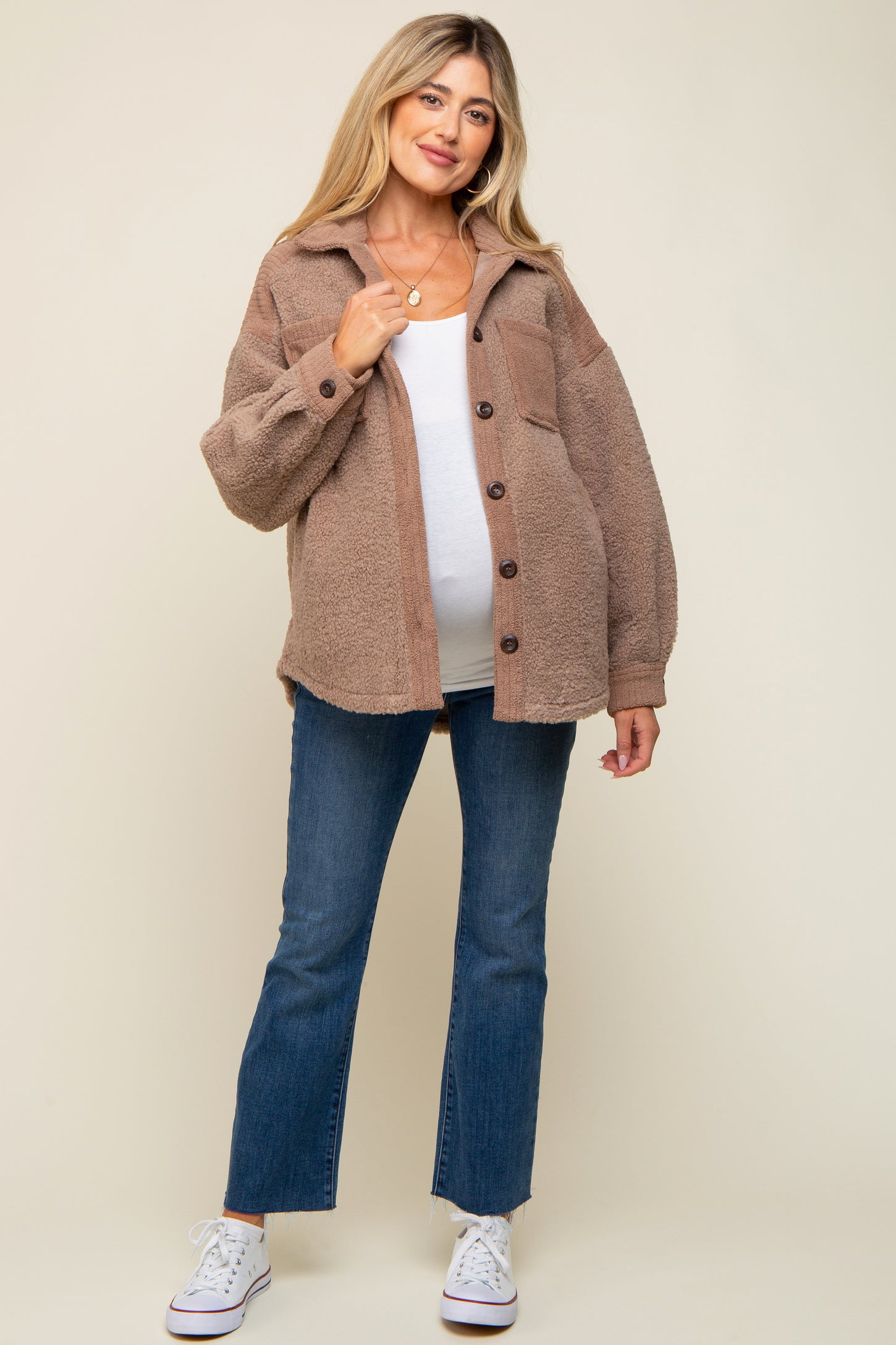 Mocha Colorblock Fleece Maternity Shirt Jacket
