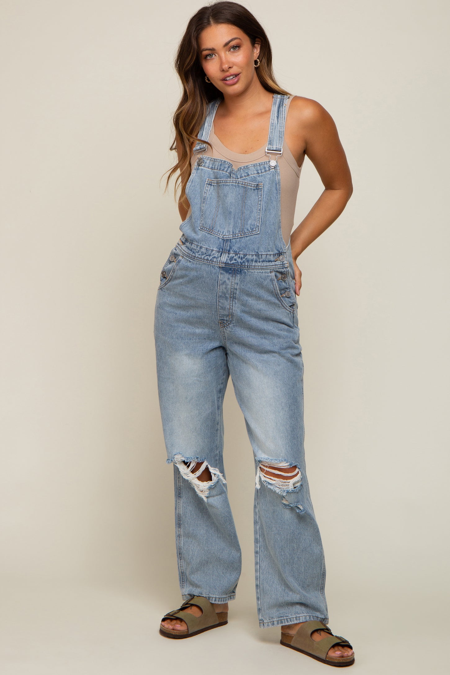 Light Wash Distressed Maternity Overalls