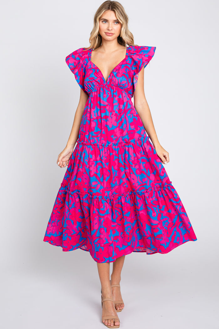 Pink Flutter Sleeve Open Lace Up Back Tiered Maternity Midi Dress