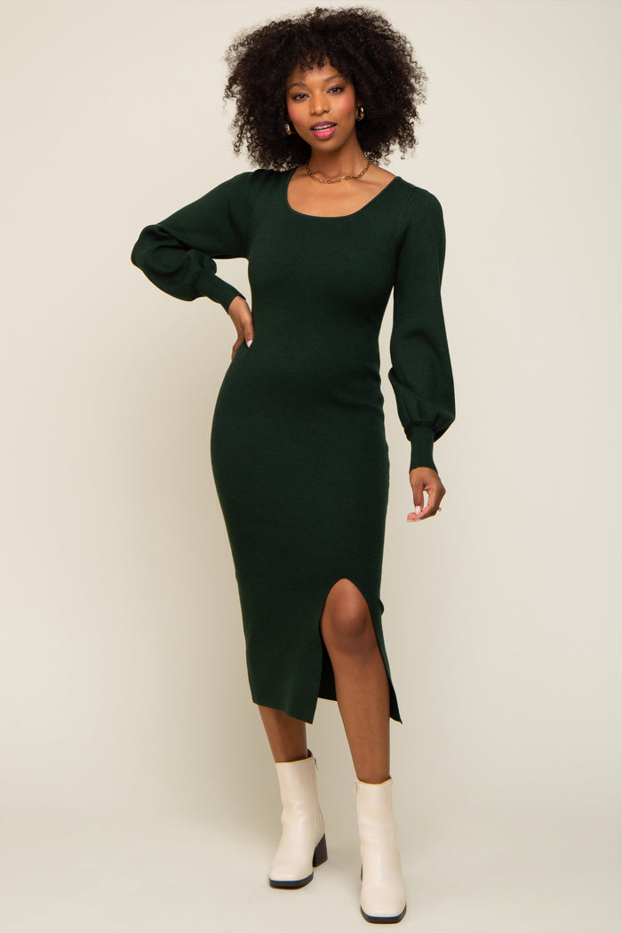 Forest Green Side Slit Sweater Knit Maternity Midi Dress