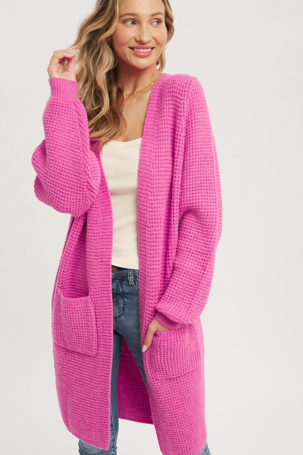 Fuchsia Chunky Waffle Knit Cardigan
