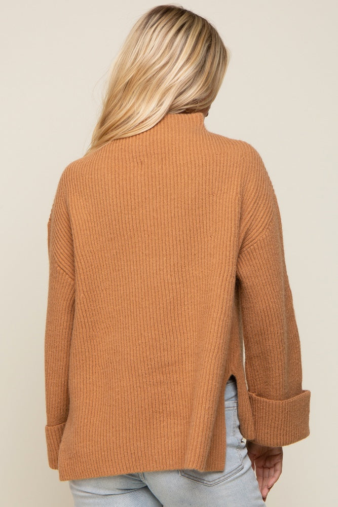 Camel Mock Neck Chunky Knit Sweater