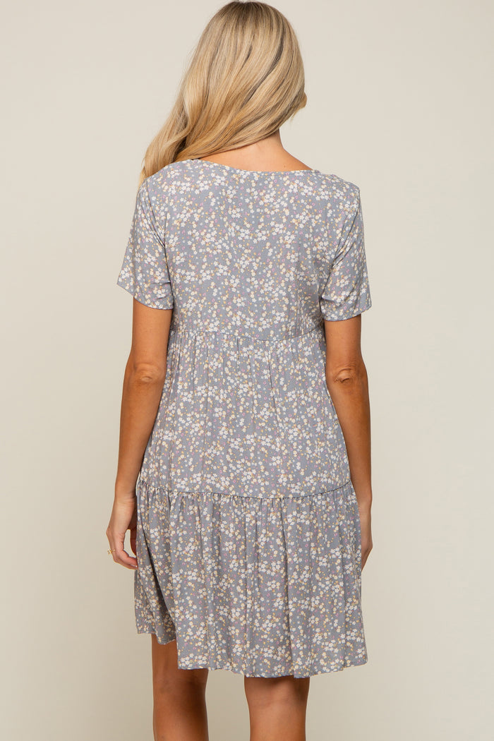 Grey Floral Tiered Button Accent Maternity Dress