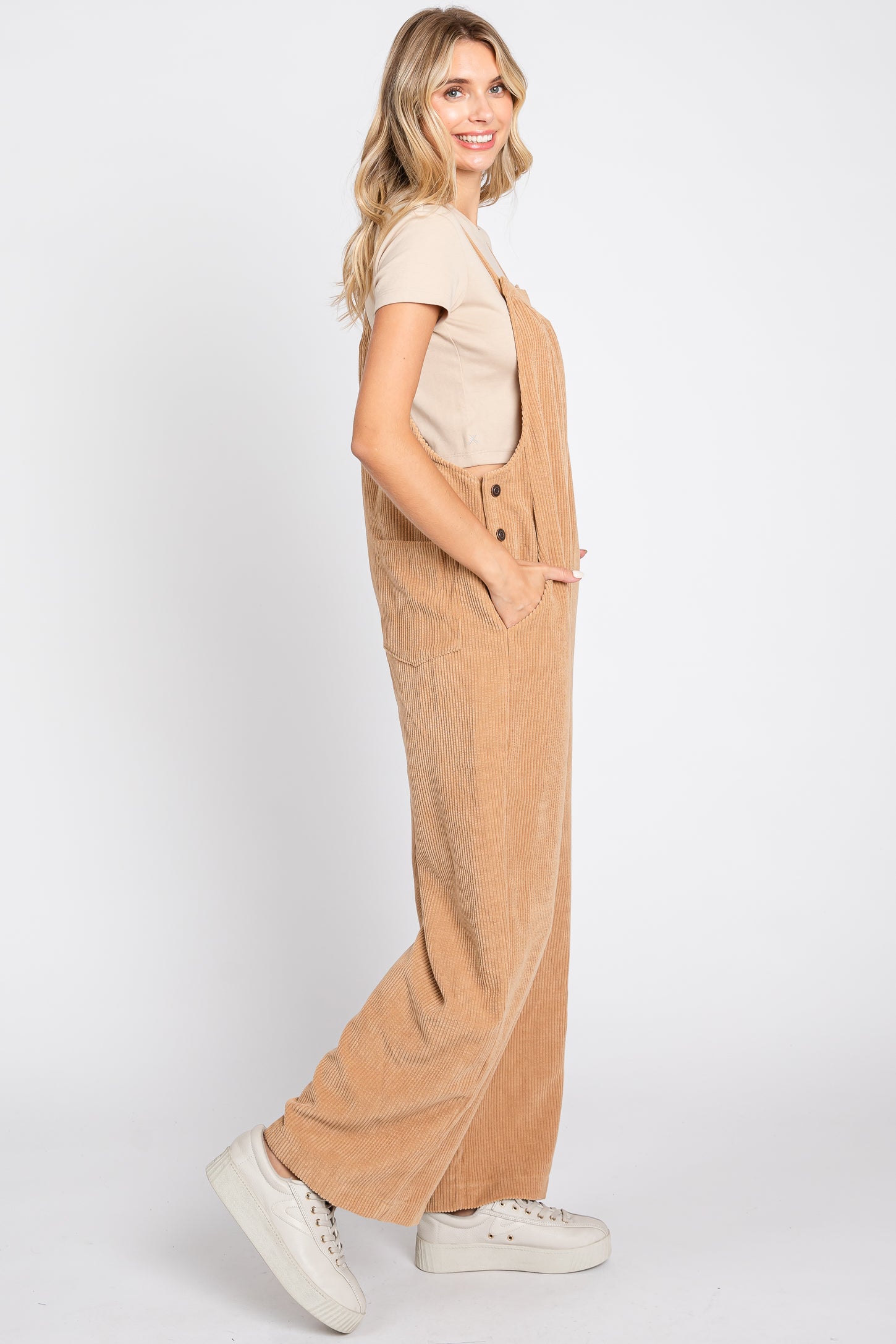Camel Corduroy Wide Leg Overalls