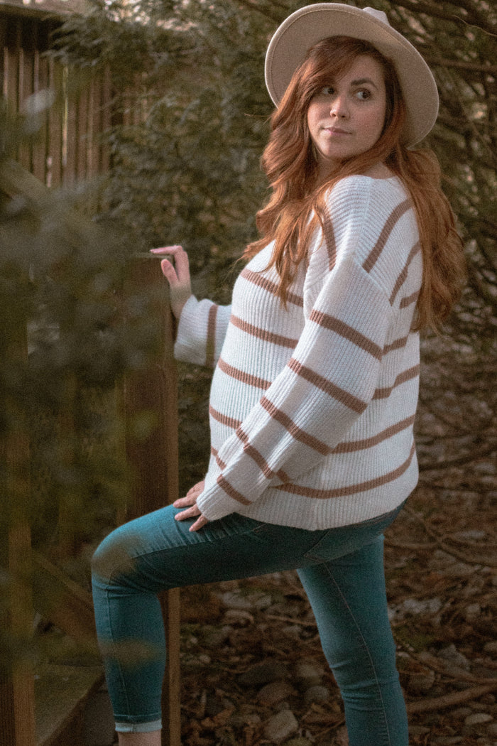 Mocha Striped Boat Neck Maternity Sweater