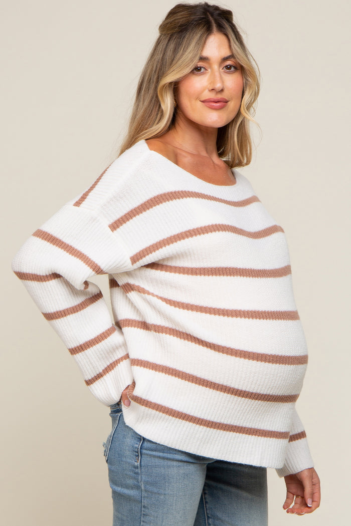 Mocha Striped Boat Neck Maternity Sweater