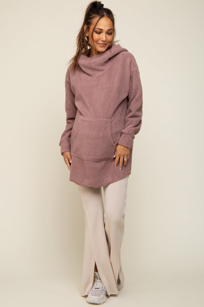 Mauve Fleece Hooded Long Maternity Sweater