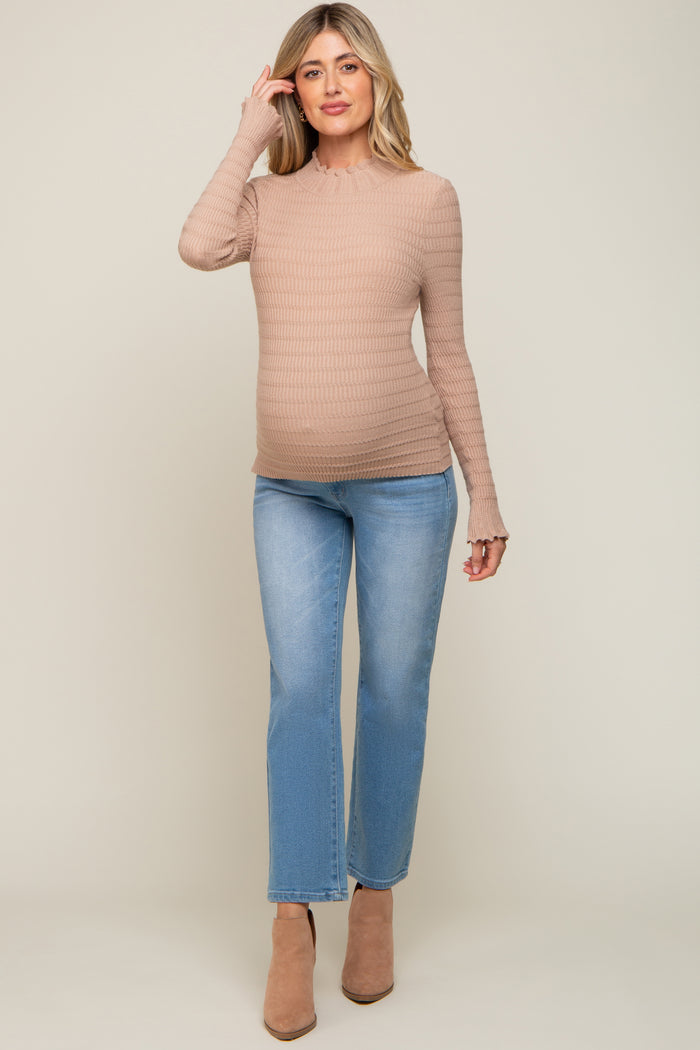 Taupe Textured Knit Ruffle Mock Neck Maternity Top