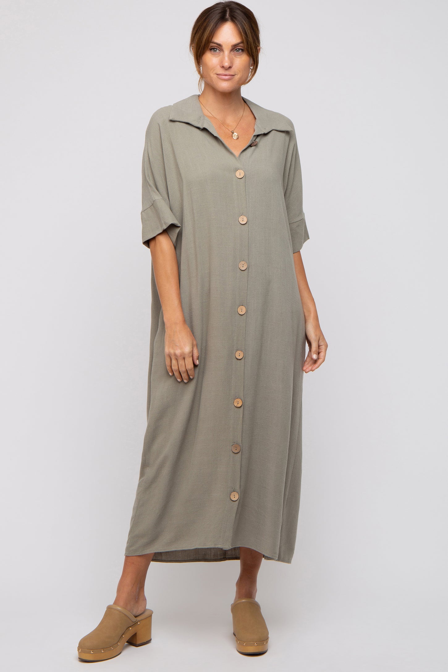 Olive Oversized Button Down Maternity Midi Dress