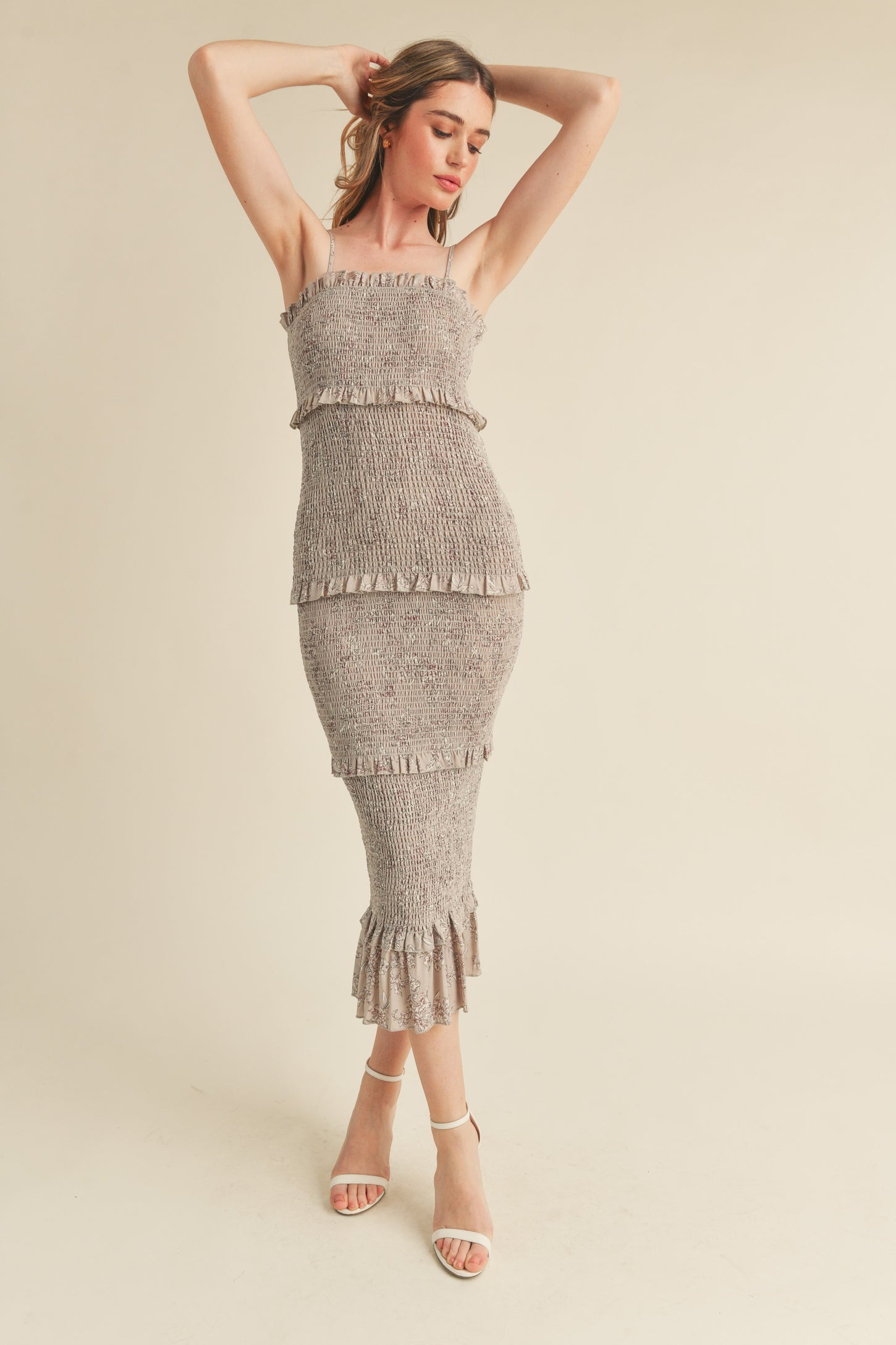 Grey Floral Smocked Fitted Midi Dress