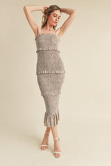 Grey Floral Smocked Fitted Midi Dress