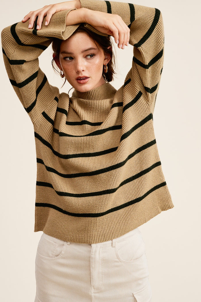 Olive Striped Mock Neck Maternity Sweater