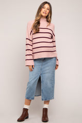 Light Pink Striped Mock Neck Maternity Sweater