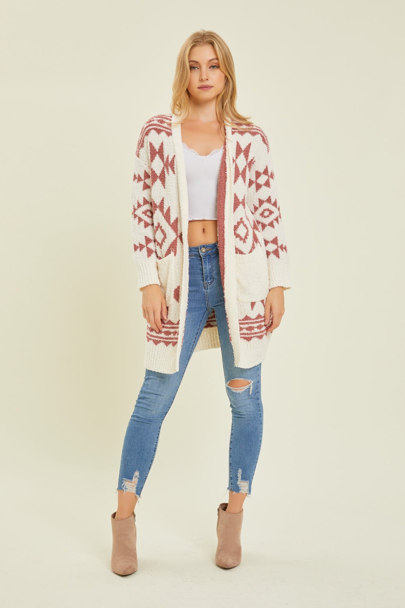 Cream Print Fuzzy Cardigan