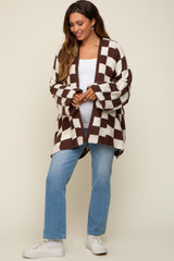 Brown Checkered Print Oversized Maternity Cardigan