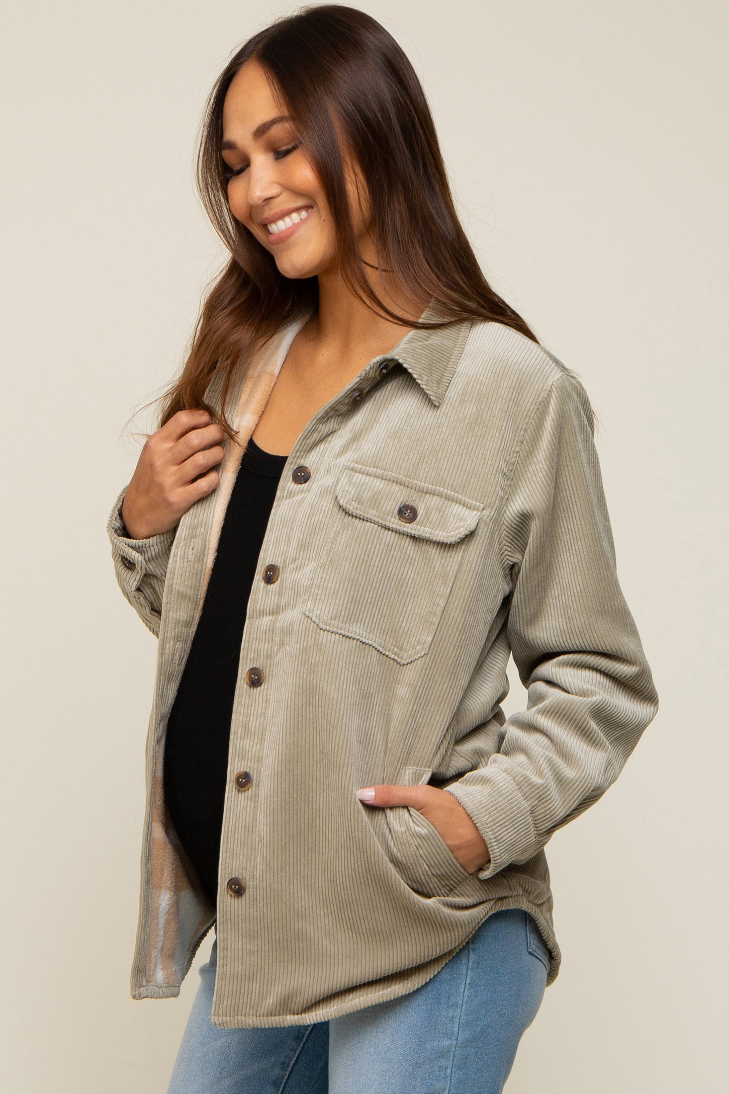 Light Olive Corduroy Plaid Fleece Lined Button Down Maternity Shacket