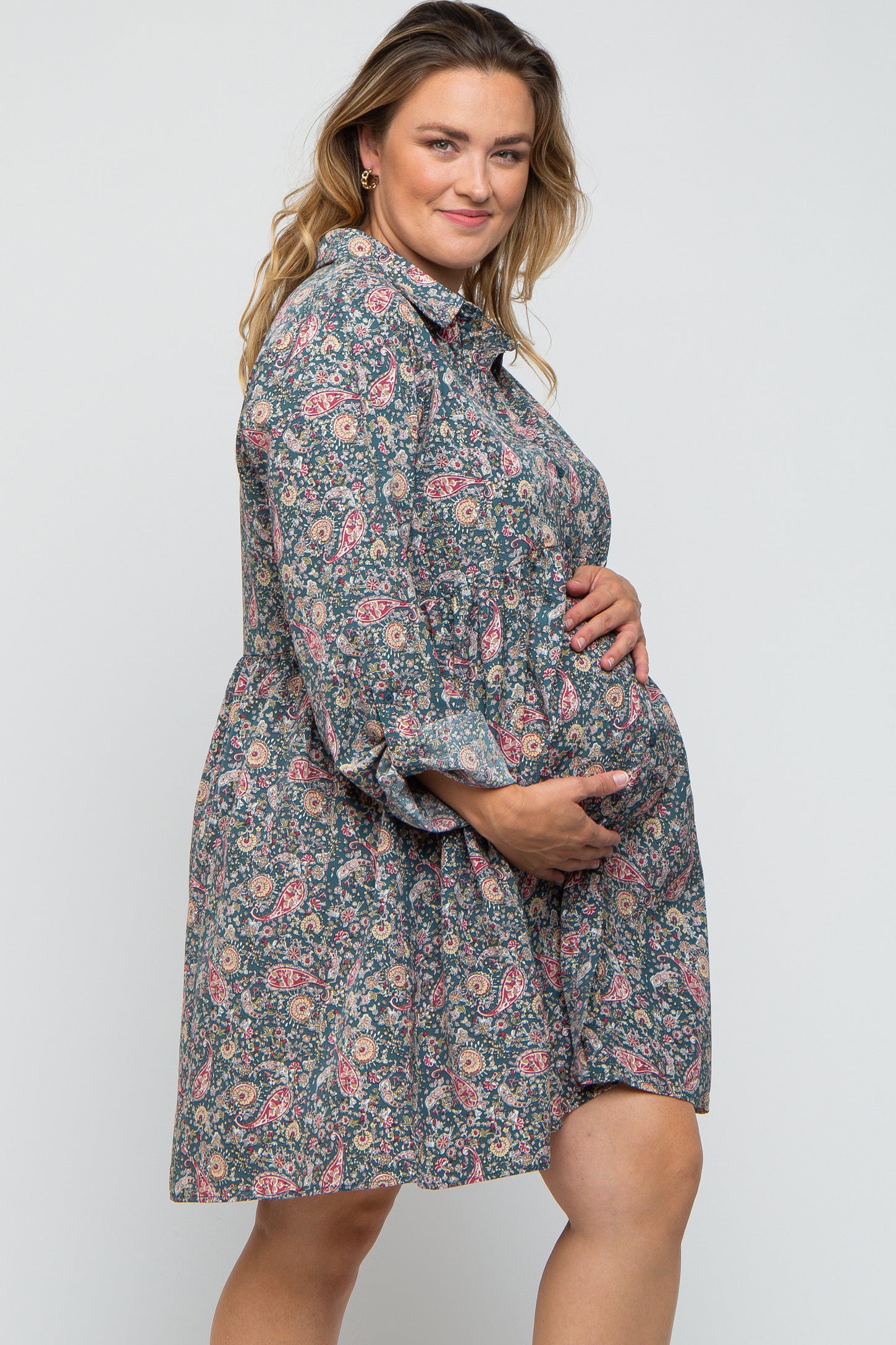 Teal Floral Paisley Button Up Maternity Plus Dress