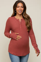 Rust Button Front Soft Knit Long Sleeve Henley Maternity Top