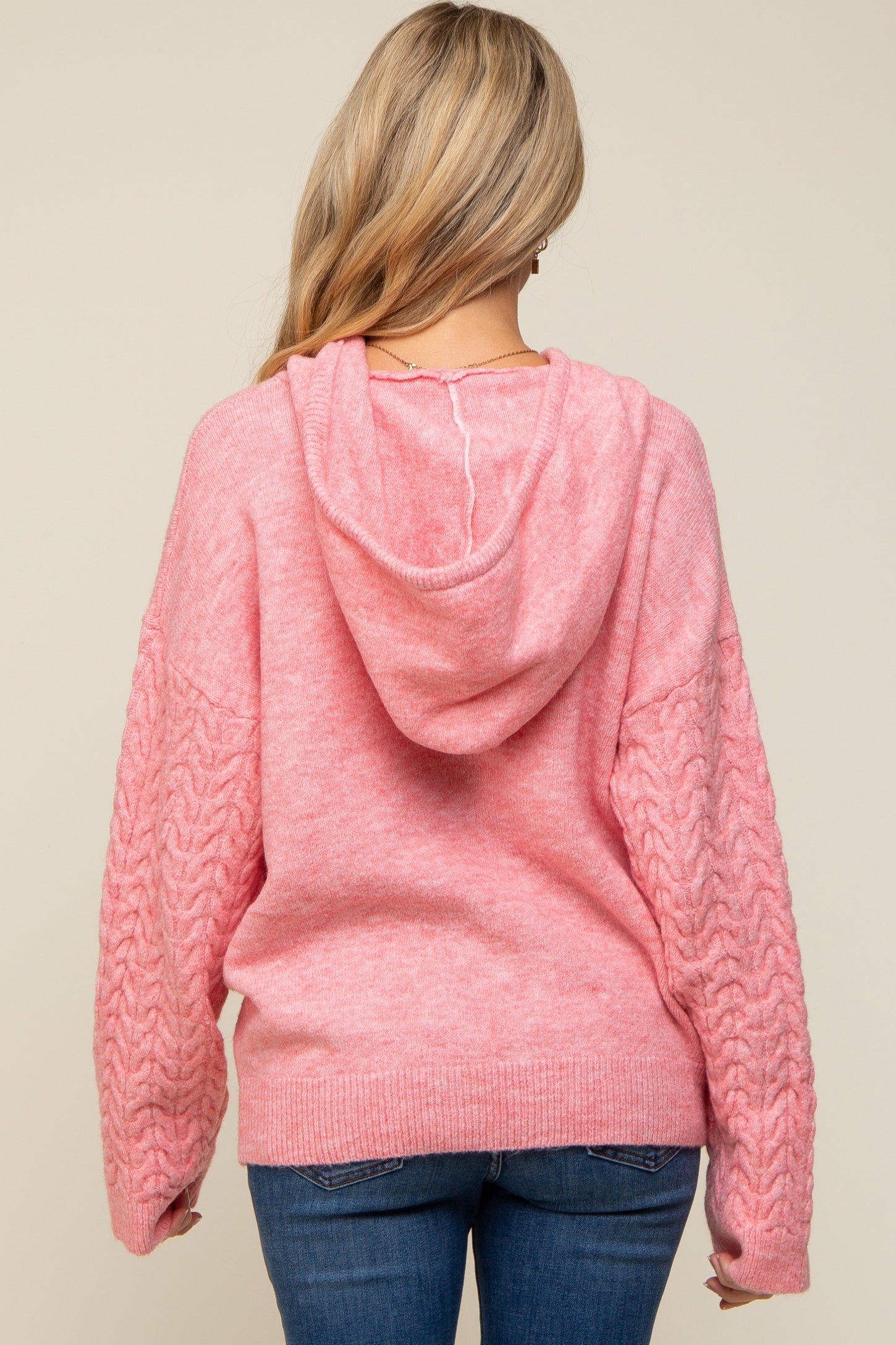 Pink Mixed Knit Maternity Hooded Sweater