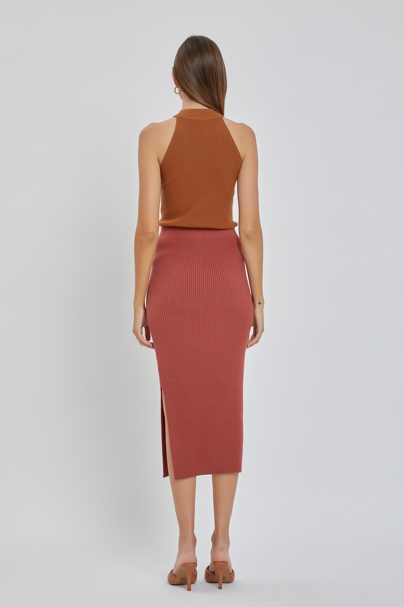 Mauve Ribbed Fitted Side Slit Midi Skirt