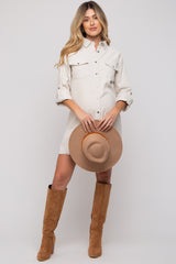 Cream Corduroy Button Front Fringe Hem Maternity Dress