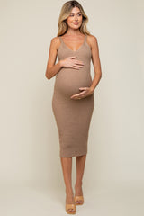 Beige Sleeveless V-Neck Maternity Sweater Dress