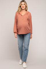 Rust Button Accent Hooded Maternity Henley Top
