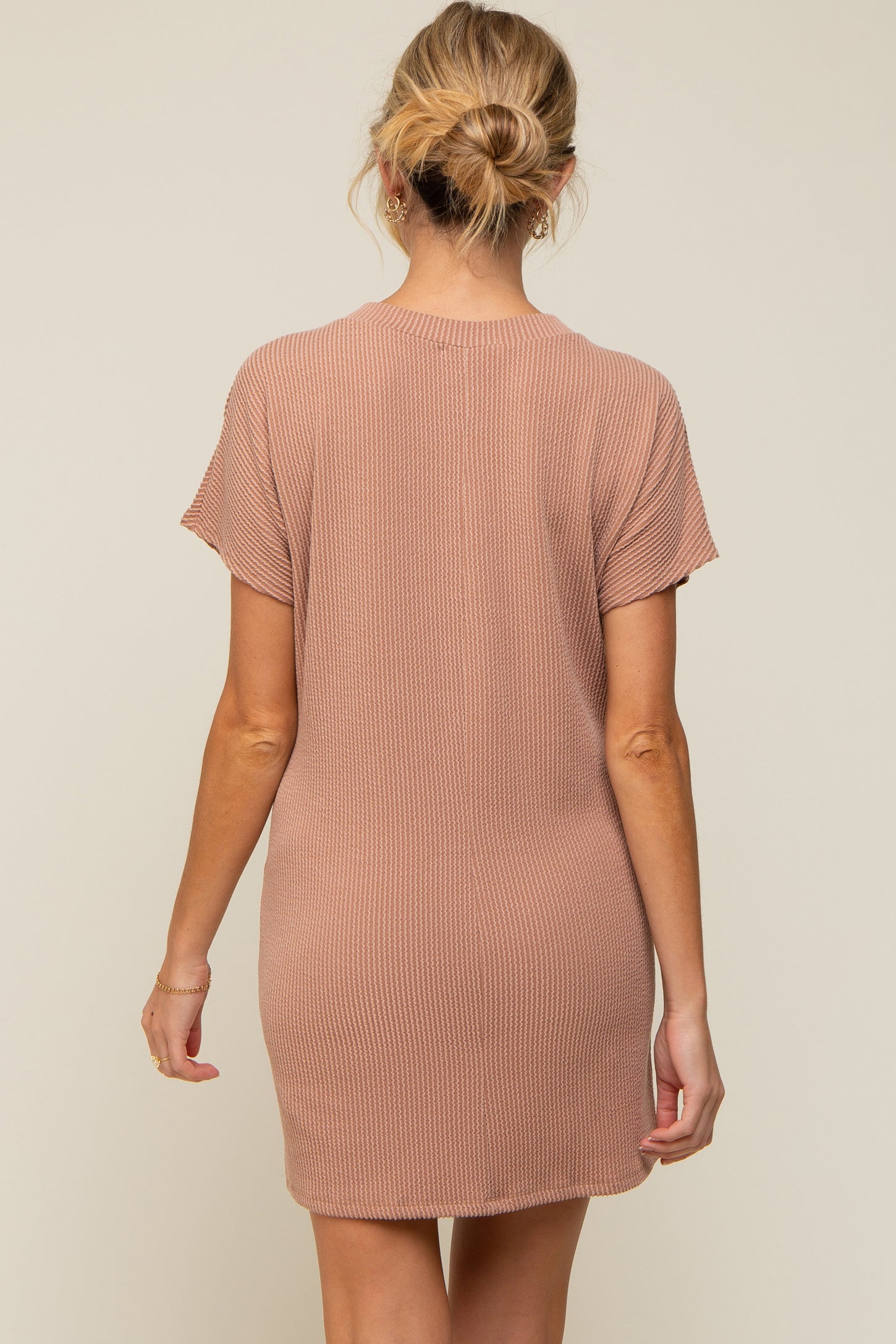 Camel Ribbed Front Pocket Dolman Short Sleeve Maternity Dress