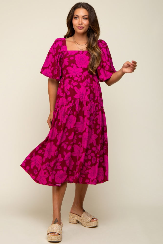Magenta Floral Puff Sleeve Tiered Maternity Dress
