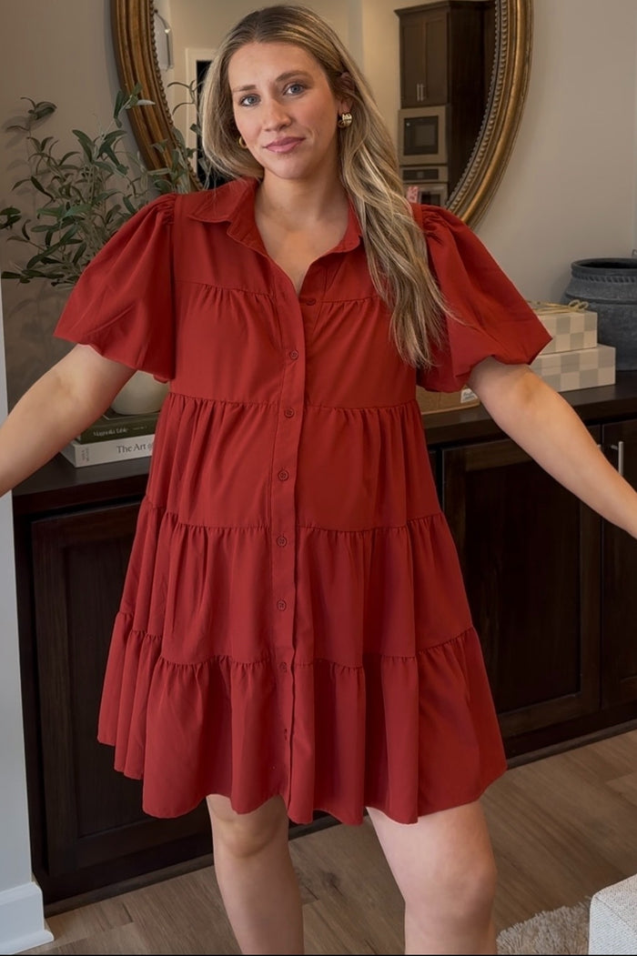 Rust Puff Sleeve Maternity Mini Shirt Dress