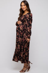 Black Floral Smocked Long Sleeve Maternity Midi Dress
