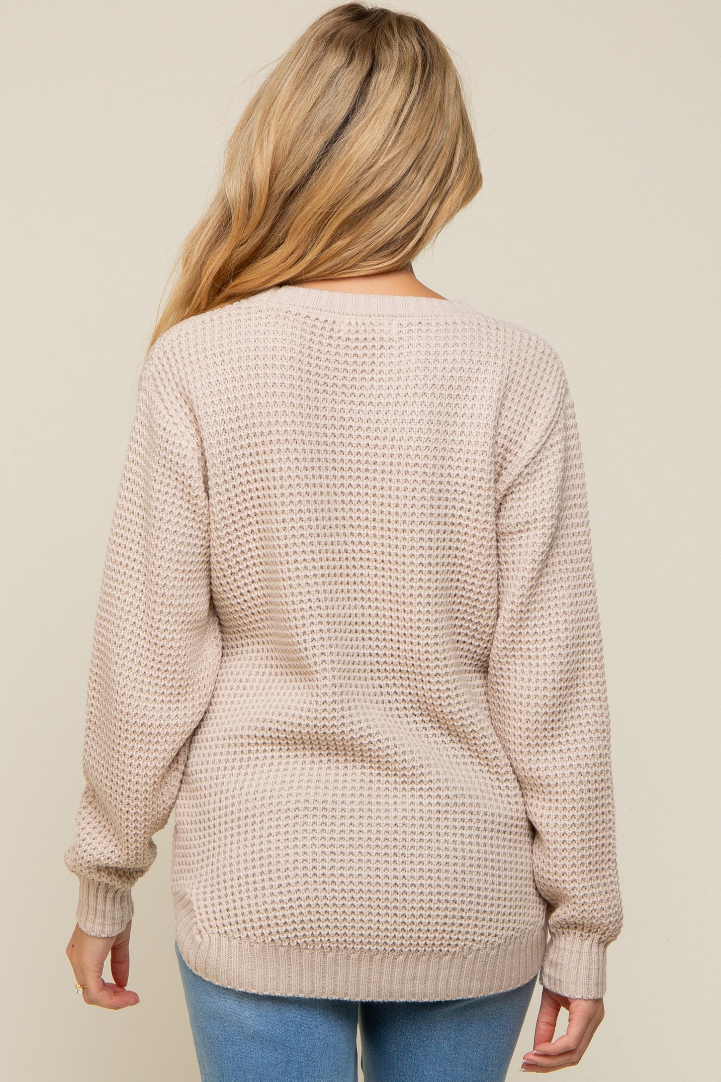 Beige Waffle Knit Round Hem Sweater