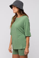 Light Olive Ribbed Soft Short Sleeve Shorts Set