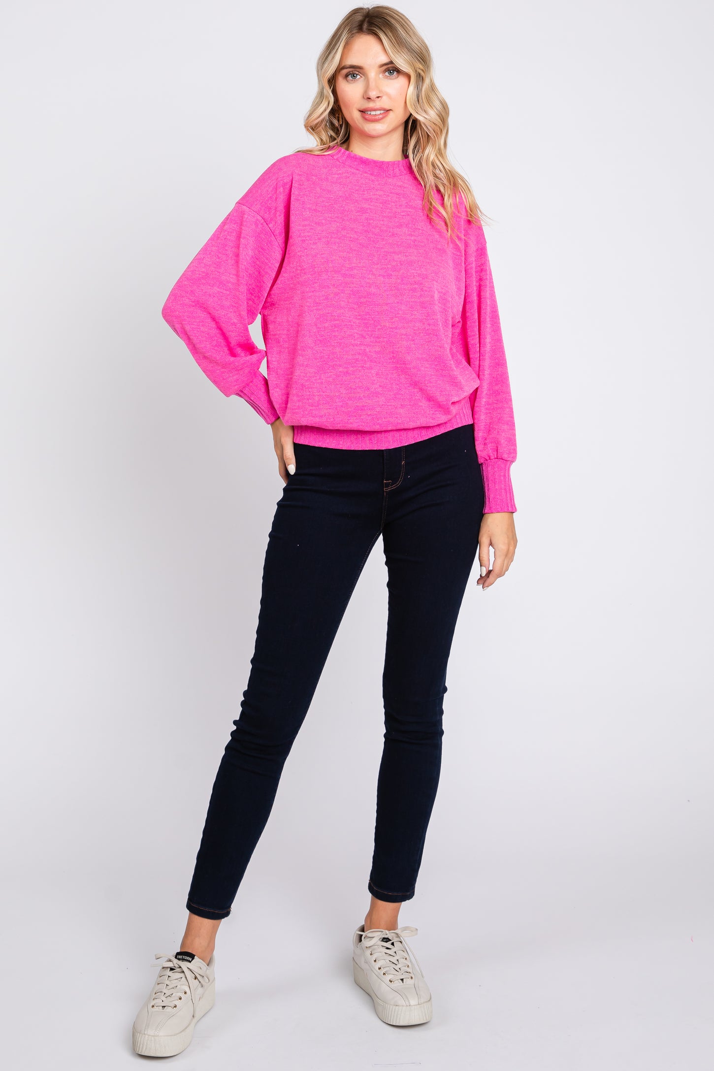 Fuchsia Balloon Sleeve Ribbed Hem Sweater