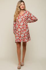 Rust Floral V-Neck Long Sleeve Maternity Dress