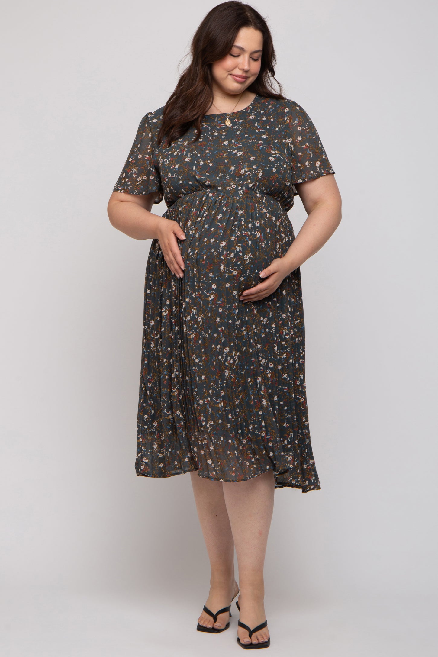 Forest Green Floral Pleated Chiffon Maternity Plus Midi Dress