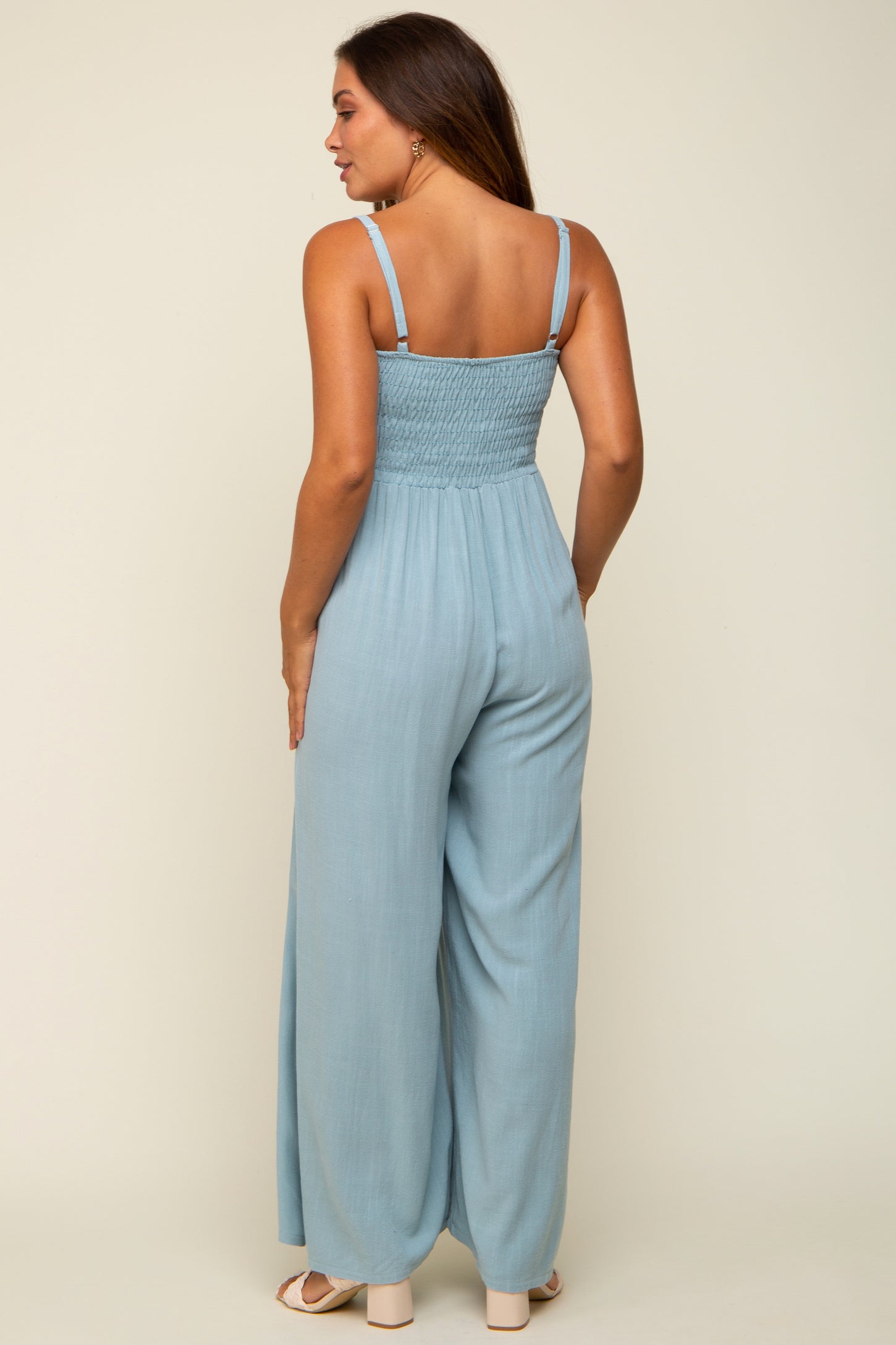 Light Blue Smocked Linen Wide Leg Maternity Jumpsuit