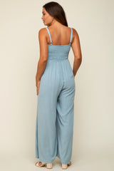 Light Blue Smocked Linen Wide Leg Maternity Jumpsuit