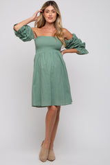 Green Smocked Off Shoulder Long Sleeve Maternity Dress