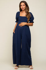 Navy Smocked Square Neck Wide Leg Maternity Jumpsuit