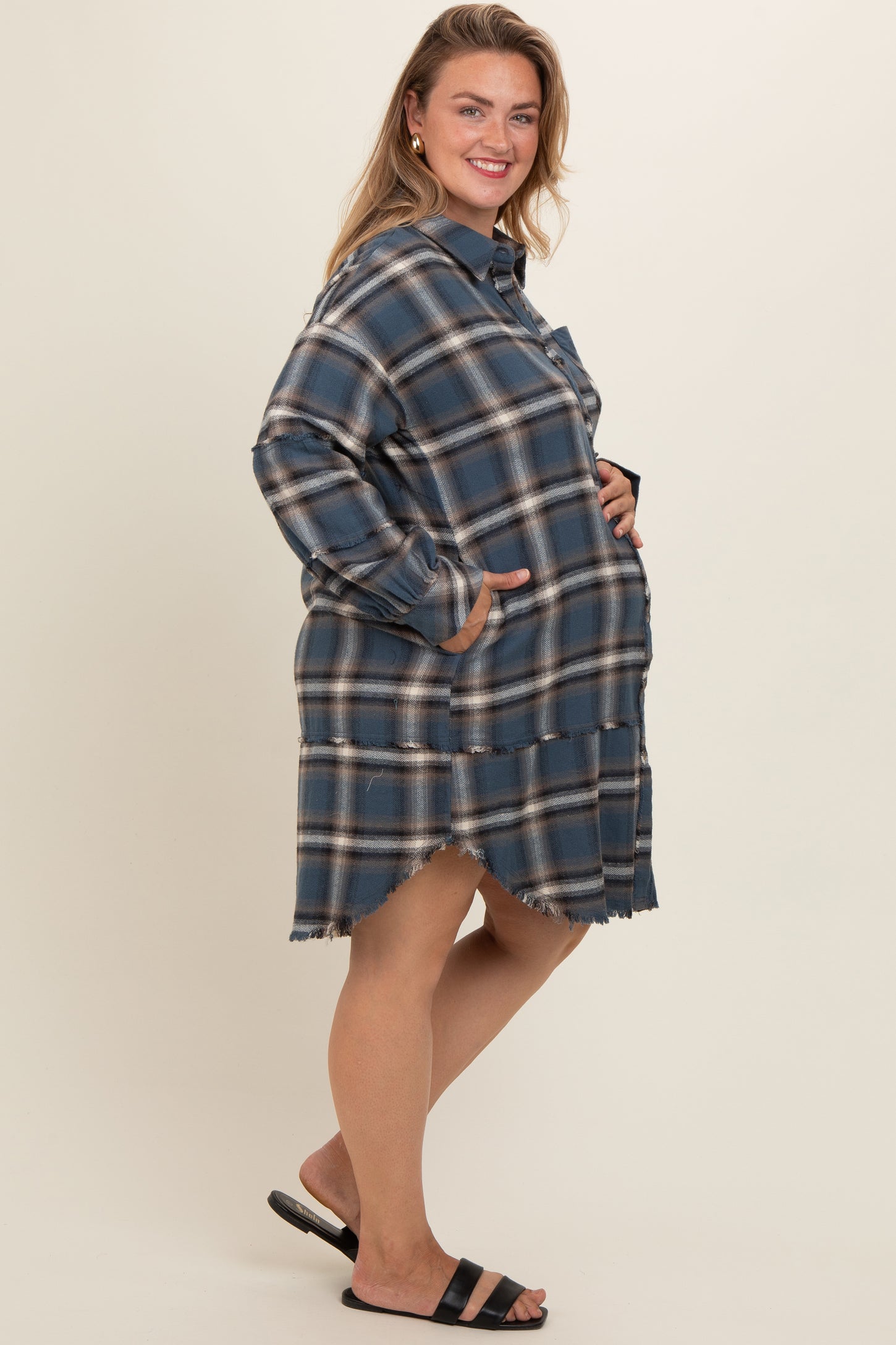 Blue Plaid Button Down Raw Hem Plus Maternity Dress