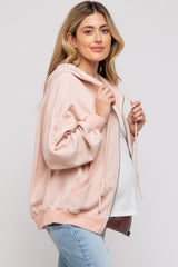 Light Pink Zipper Hooded Maternity Jacket