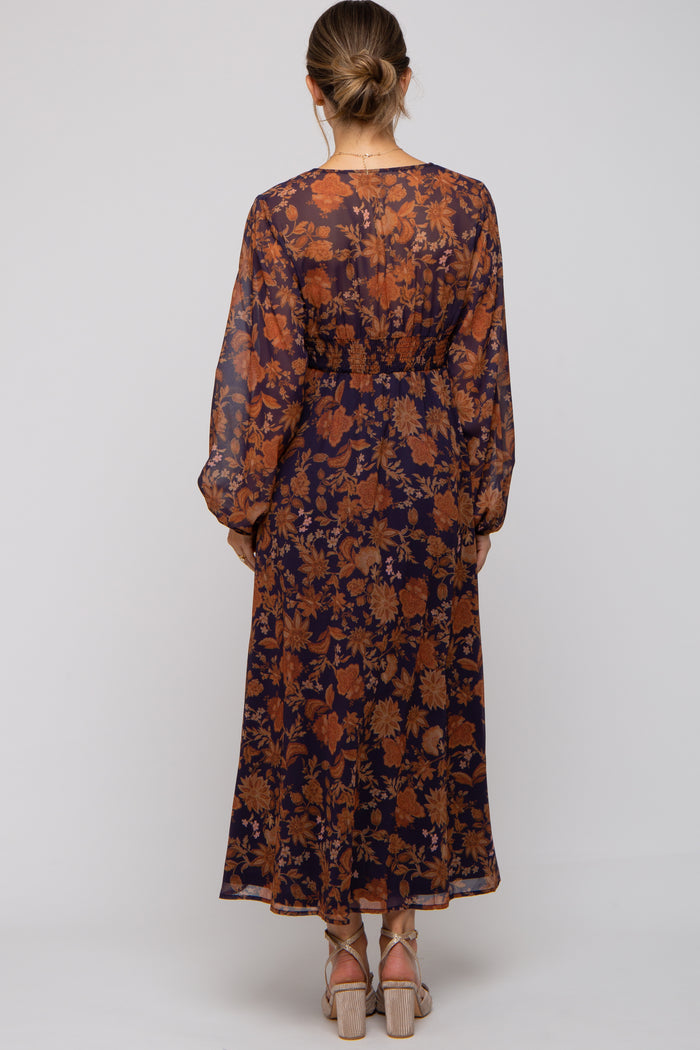 Navy Floral Long Sleeve V-Neck Maternity Maxi Dress