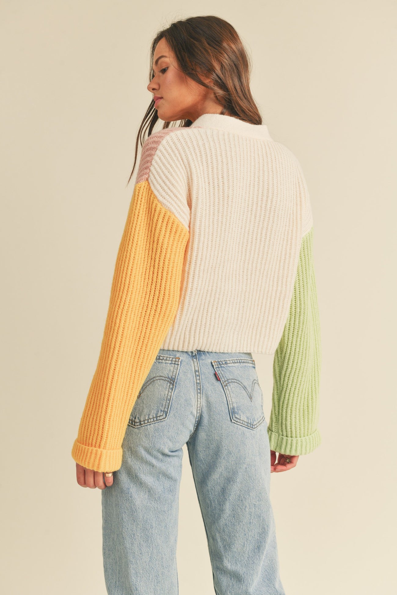 Pink Multi Color Block Knit Sweater Cardigan
