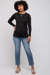Black Rib Knit Lettuce Trim Long Sleeve Top