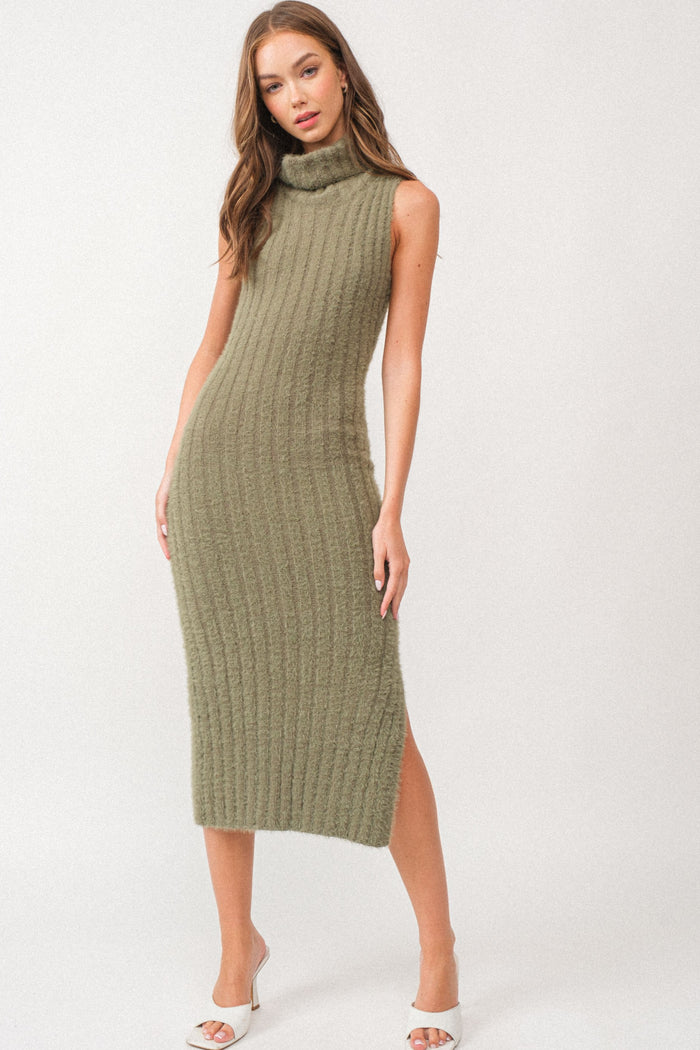 Olive Fuzzy Knit Sleeveless Turtle Neck Maternity Midi Dress