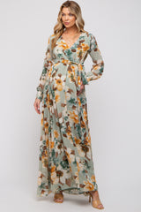 Mint Green Floral Chiffon Wrap Front V-Neck Long Sleeve Maternity Maxi Dress