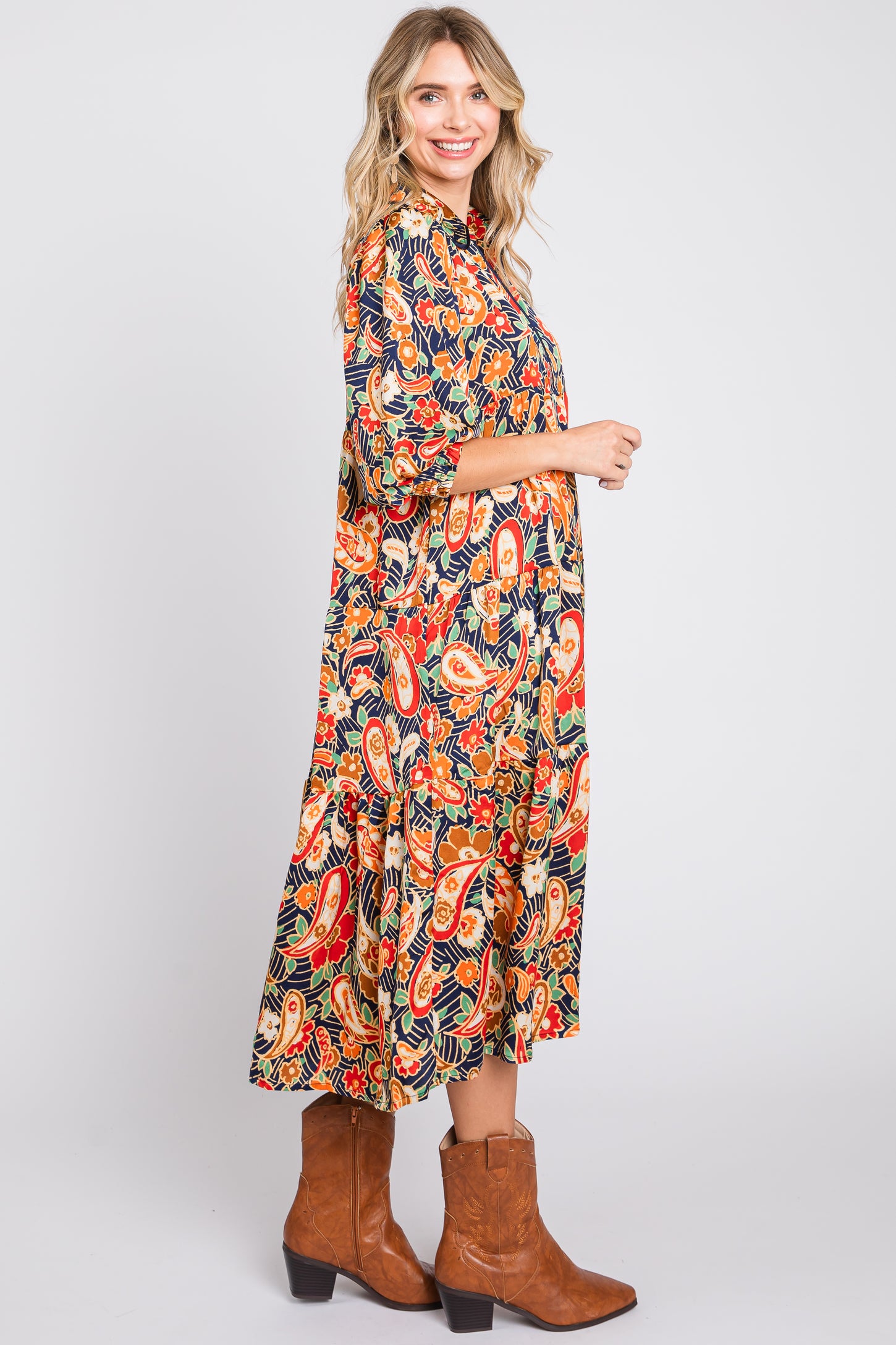 Navy Multicolor Floral Paisley Tiered Dress