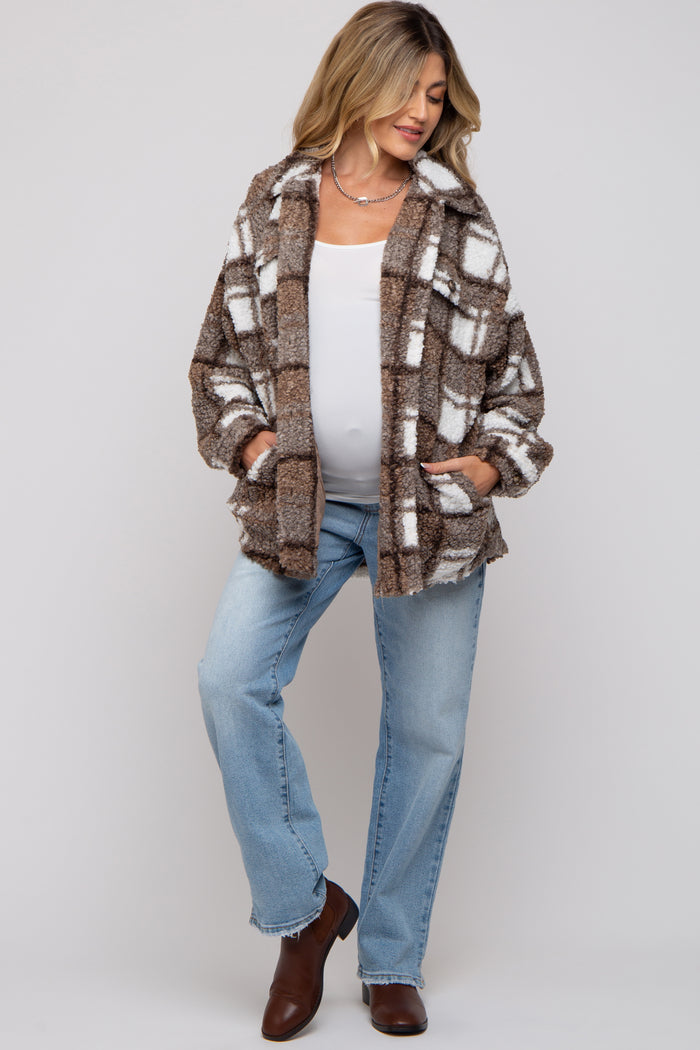 Brown Plaid Sherpa Maternity Jacket