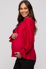 Magenta Textured Mock Neck Maternity Blouse